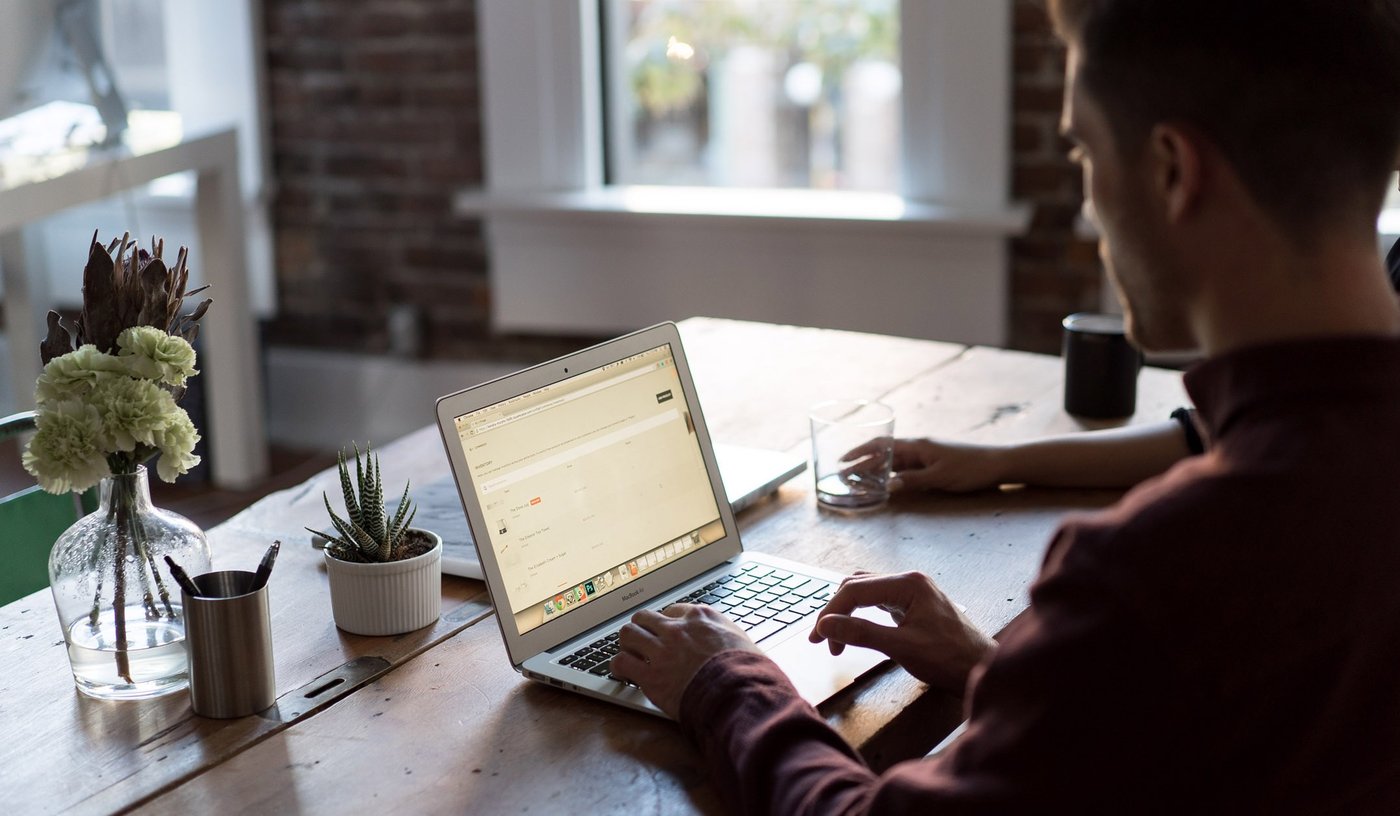 Man uses his laptop sat at home with a succulent on his desk